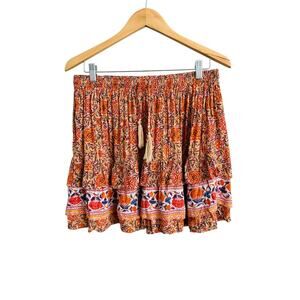 Rachel Zoe Floral Elastic Waist Ruffle Tiered Mini Bohemian Skirt Size Large
